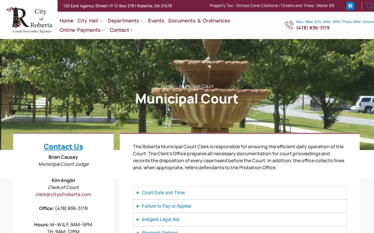 Roberta warrant records source for Municipal Court at City Hall